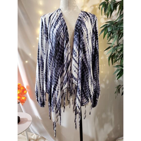 Lucy Love NWOT Tie Dye Fringe Blue White Open Cardigan Topper Womens Size M Boho - Picture 1 of 9